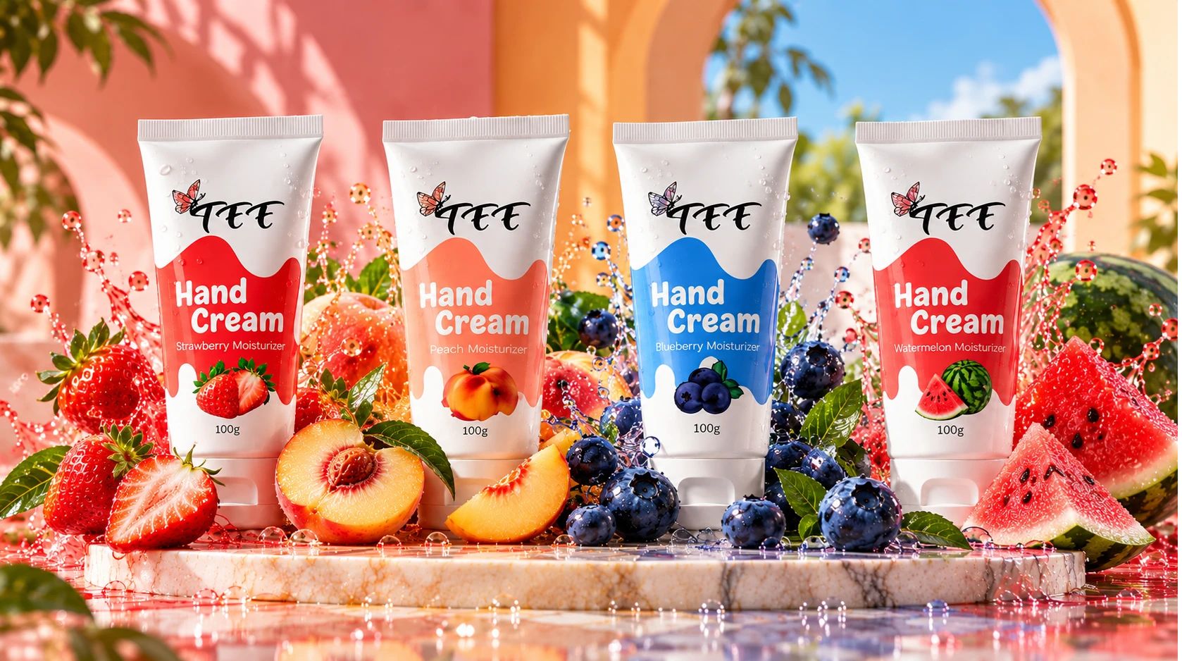 The four TEE hand creams, strawberry, peach, blueberry and watermelon, on a marble plinth among fresh fruit and splashing water.