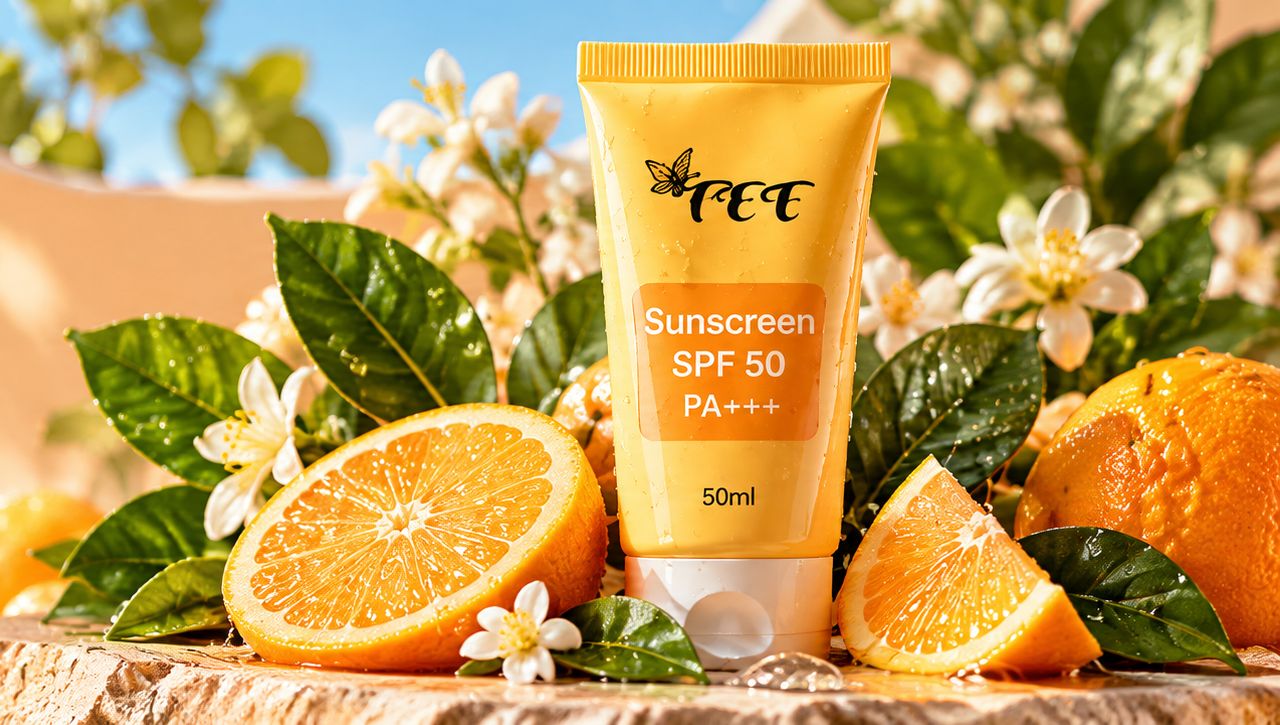 TEE Sunscreen SPF 50 among sliced oranges, leaves and white blossoms.
